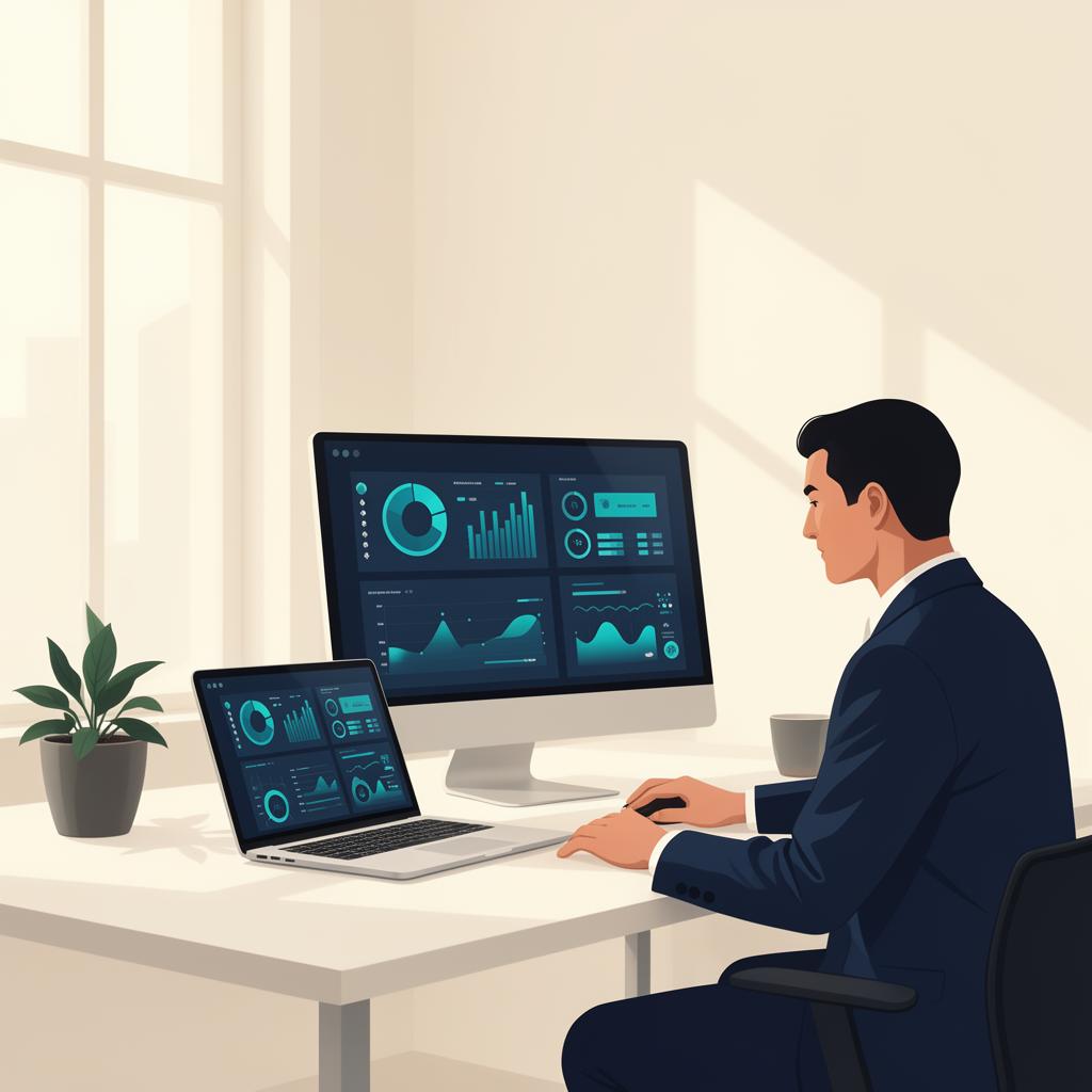 Consultant analyzing business dashboards in a bright workspace